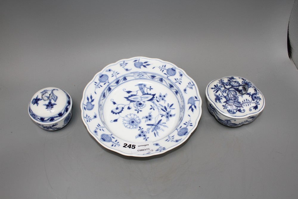 A Meissen blue and white quatrelobed bowl and cover, width 11.5cm, a circular bowl and cover, 8.5cm and a blue and white soup plate, 23